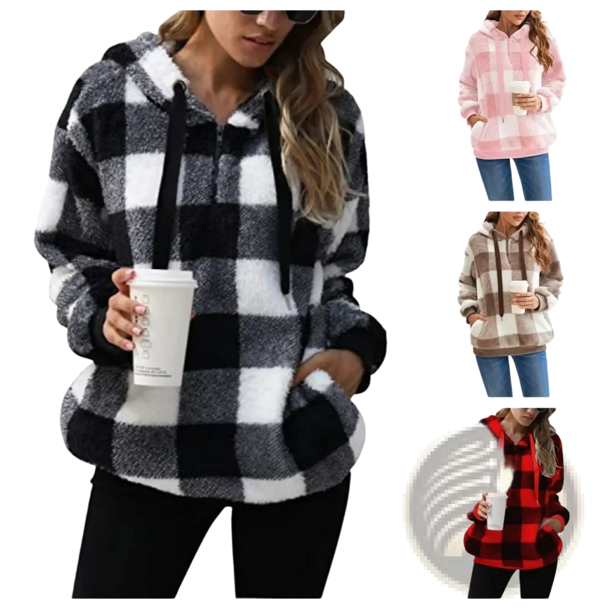 Plush plaid hooded sweatshirt in black and white fleece with contrasting black drawstrings for casual wear