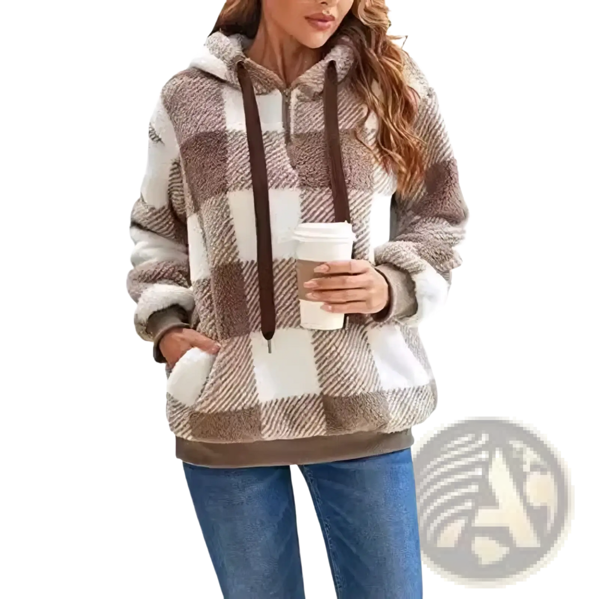 Plush plaid hooded sweatshirt with brown and white checkered pattern soft fleece material and matching drawstrings