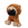 A plush pug dog toy with a fluffy orange lion mane hood recommend age 14 years for cosplay and decoration