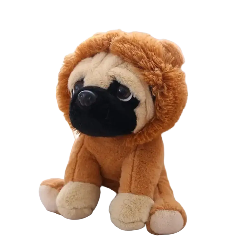 A plush pug dog toy with a fluffy orange lion mane hood recommend age 14 years for cosplay and decoration