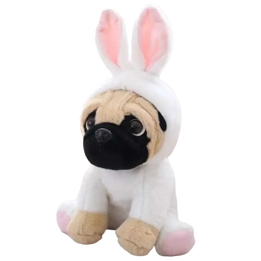 Adorable white plush pug dog toy dressed in bunny costume with pink ears and paw pads recommend age 14 years