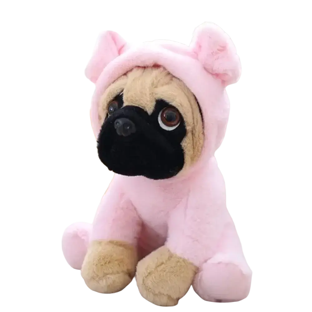A plush pug dog toy in a soft pink hooded outfit with matching ears recommend age 14 years