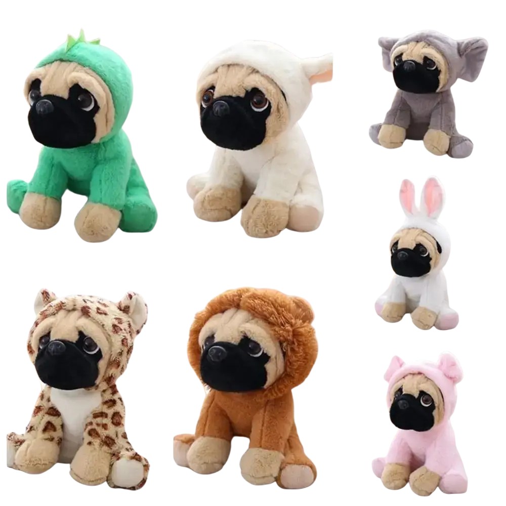 Adorable plush pug dog toys in colorful animal cosplay costumes recommend age 14 years for collectors