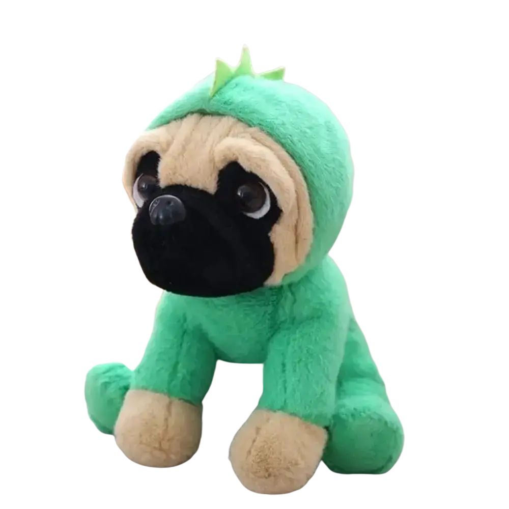 Plush pug dog toy dressed in green dinosaur costume with spiky head details recommend age 14 years