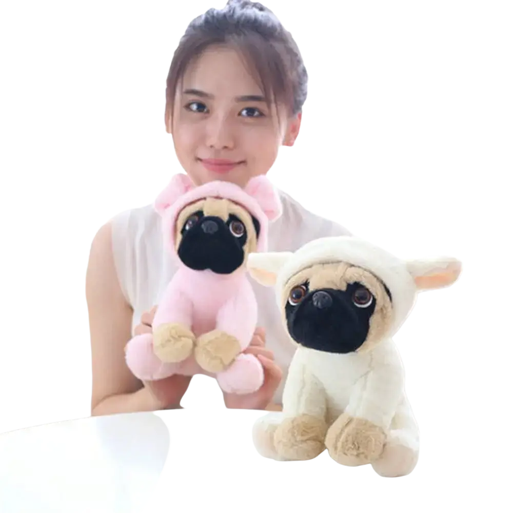 A plush pug dog toy dressed in a pink hooded outfit with beige accents sitting beside a similar plush in white hood recommend age 14 years