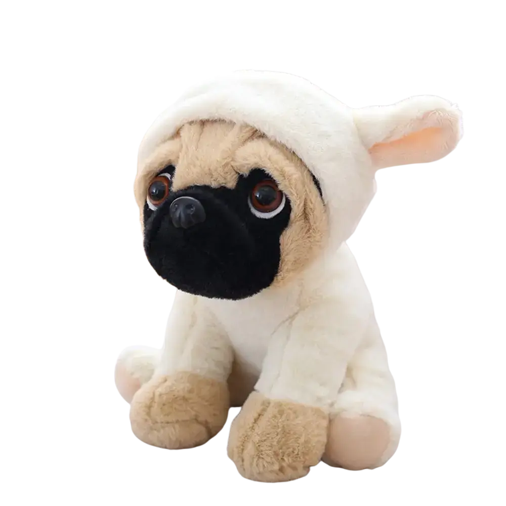 Adorable cream-colored plush pug dog toy wearing white hooded outfit with pink ears recommend age 14 years