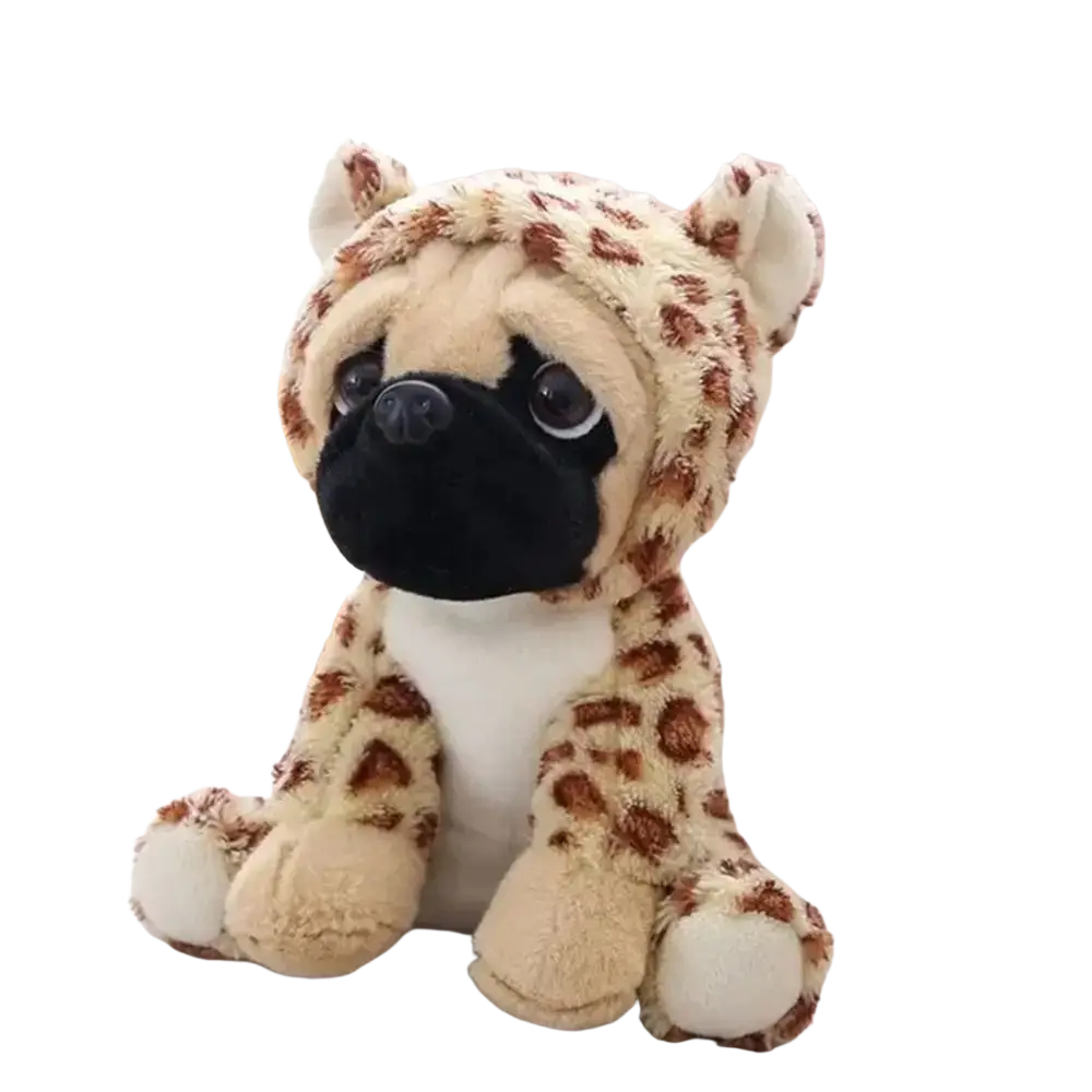 A plush pug dog toy wearing a leopard-print hooded outfit with soft beige and brown spots recommend age 14 years