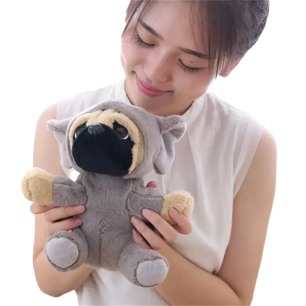 Gray plush pug dog toy with tan accents and black nose recommend age 14 years cosplay animal stuffed toy