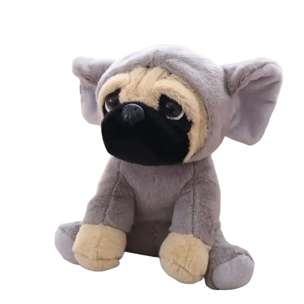 A plush pug dog toy wearing a gray elephant costume with beige accents recommend age 14 years