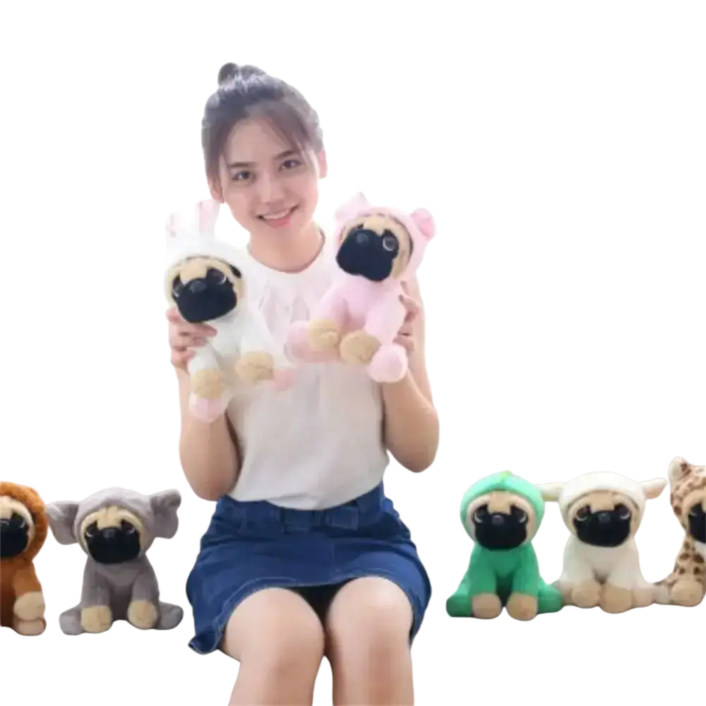 Soft plush pug stuffed animals in various colors and cosplay outfits suitable for recommend age 14 years and up