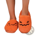 Plush pumpkin Halloween indoor slippers in orange fuzzy fabric with black embroidered facial features