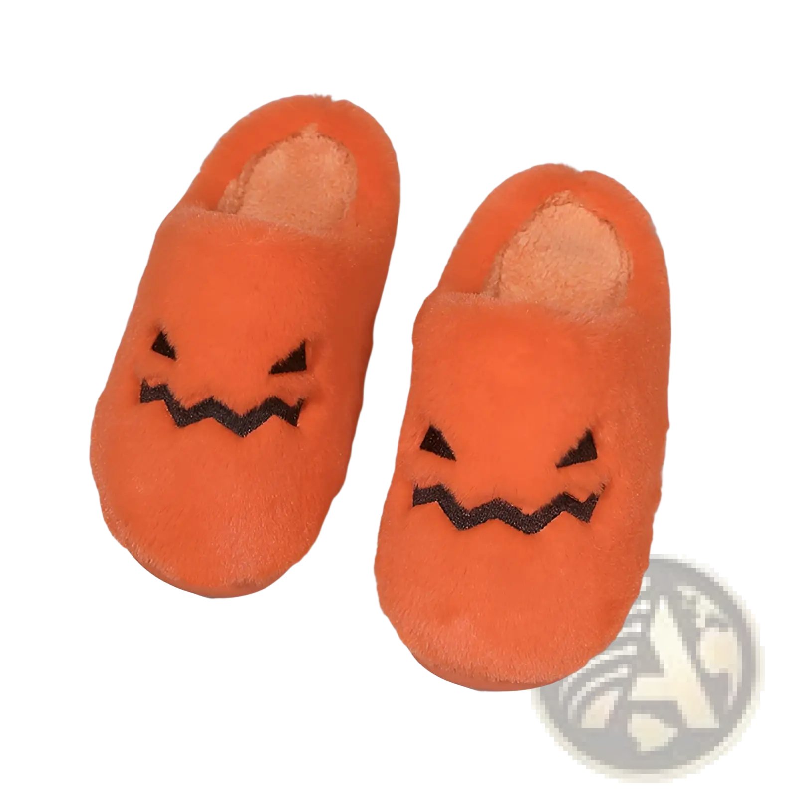 Plush pumpkin halloween indoor slippers in orange with black embroidered eyes and smiling mouth made of soft material