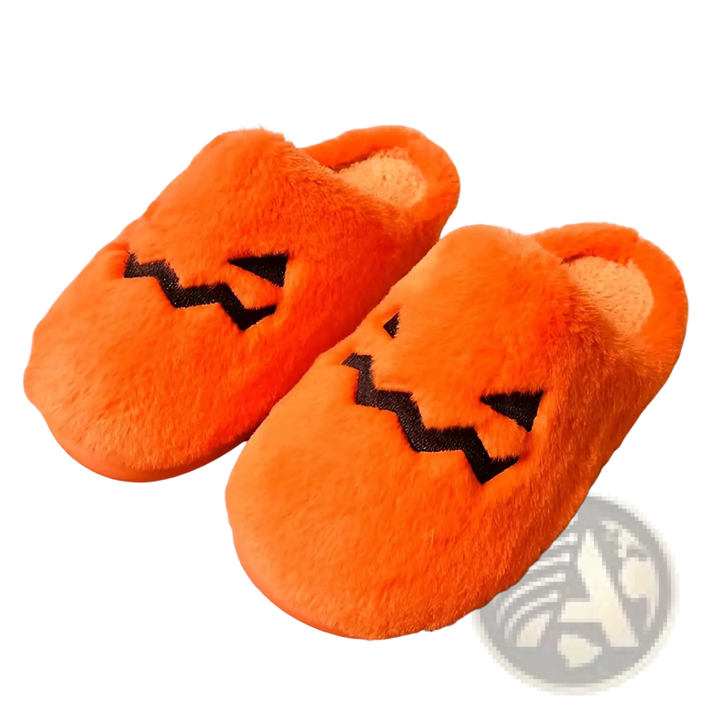 Plush pumpkin Halloween indoor slippers in orange with black embroidered facial features made of soft material