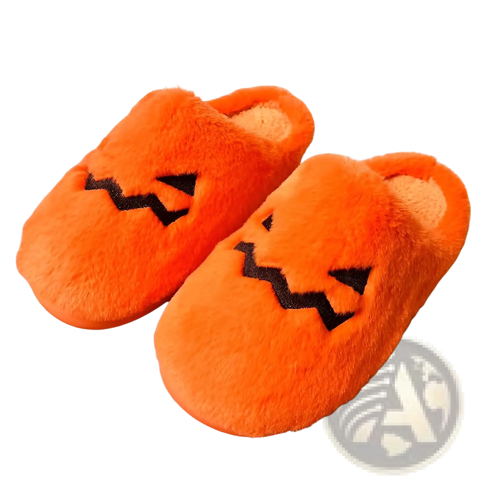Plush pumpkin Halloween indoor slippers in orange with black embroidered facial features made of soft material