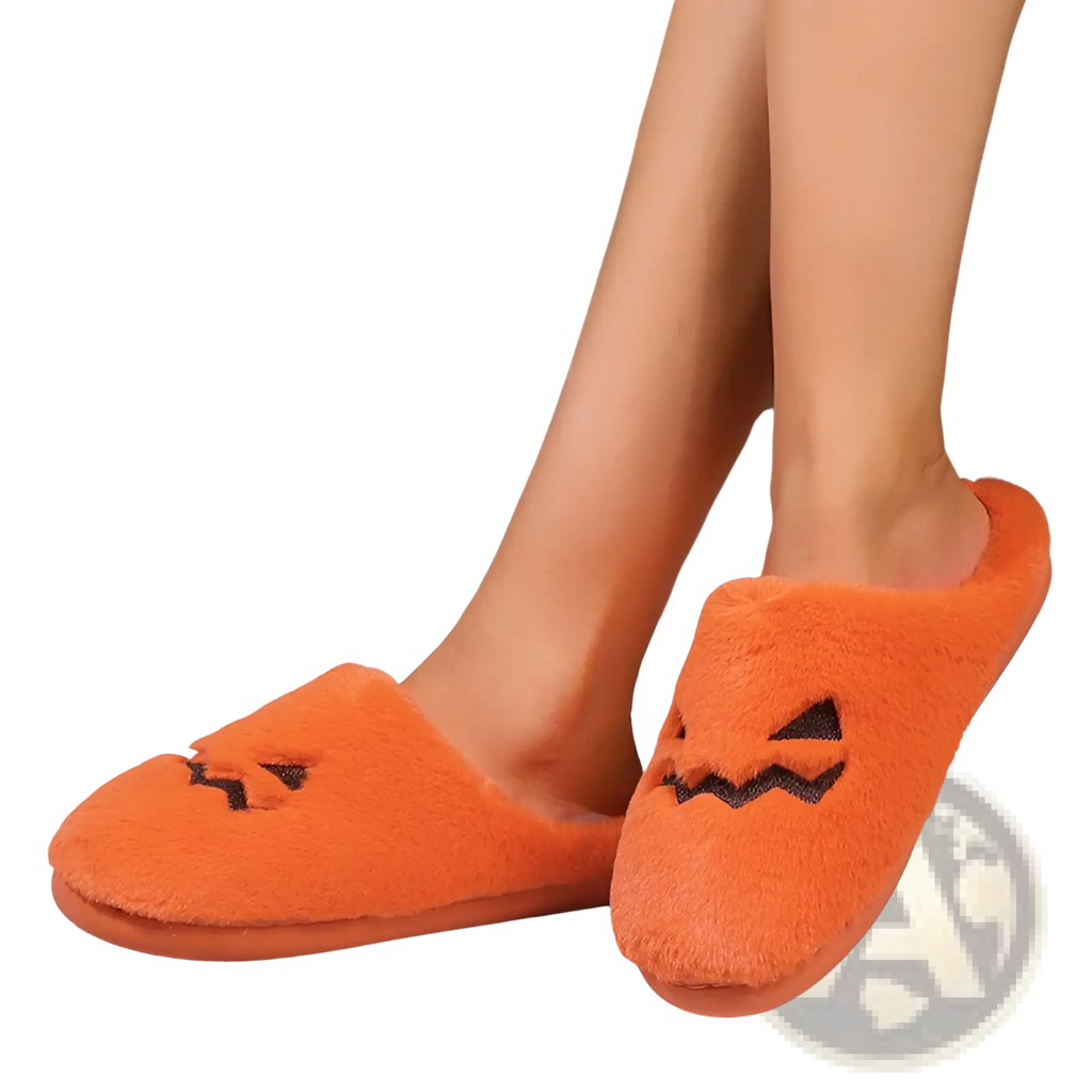 Plush pumpkin Halloween indoor slipper in orange with black embroidered facial features and soft material