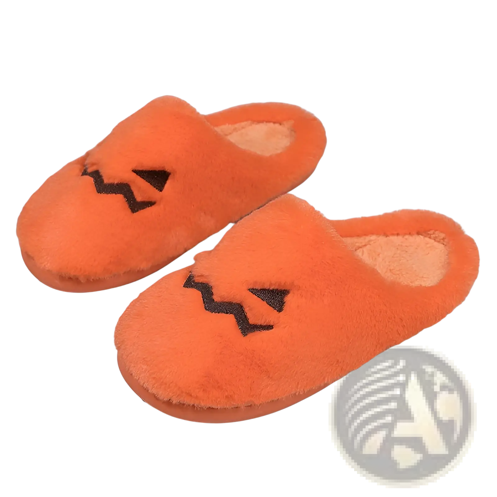 Plush pumpkin halloween indoor slippers in orange with black embroidered facial features and soft fabric material