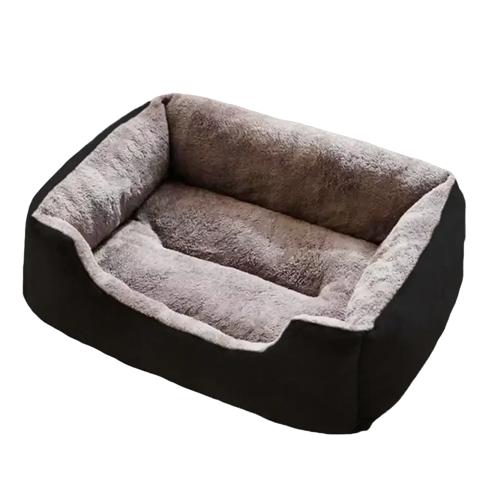 Plush rectangular cat bed in black and gray with soft fleece-lined interior for comfortable pet resting