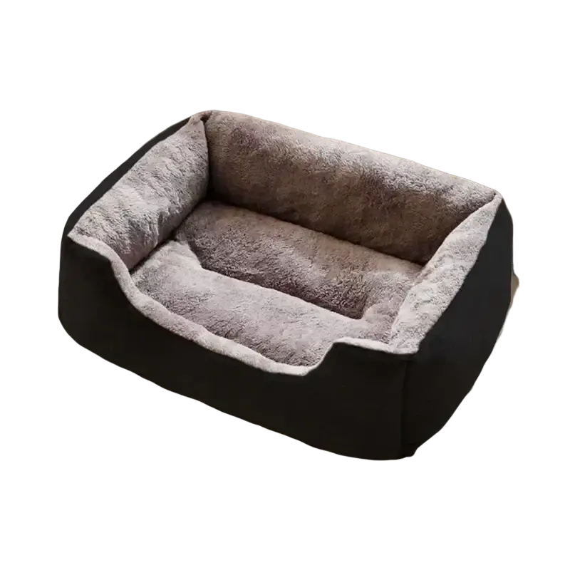 Black and gray plush rectangular cat bed with soft fleece-lined interior for comfortable pet resting