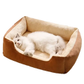 Brown and cream plush rectangular cat bed with soft cushioned edges designed as a soft pet basket