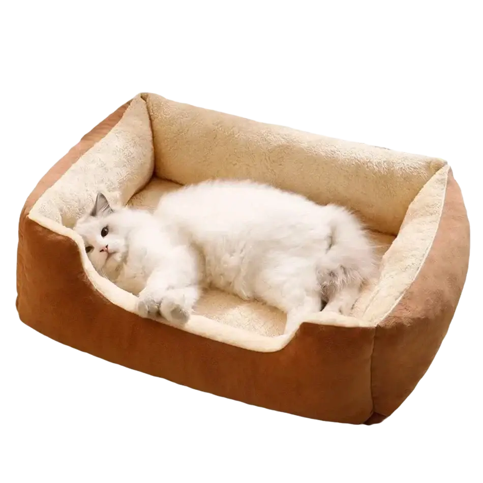 Brown and cream plush rectangular cat bed with soft cushioned interior for comfortable pet resting