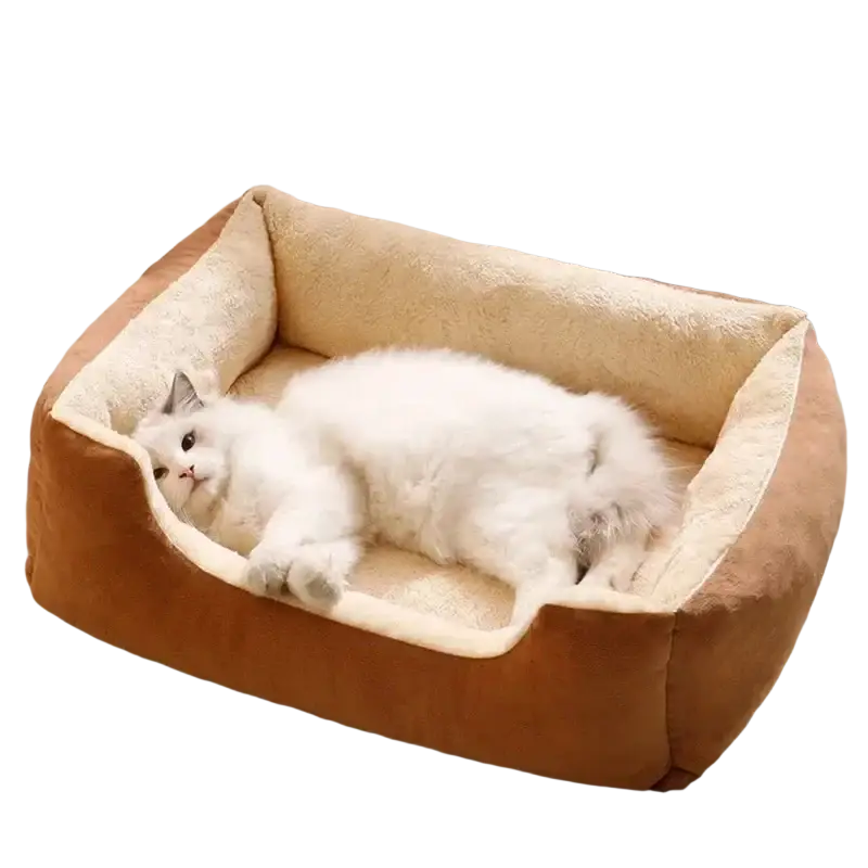 Cozy brown and cream plush rectangular cat bed with soft cushioned edges for comfortable pet resting