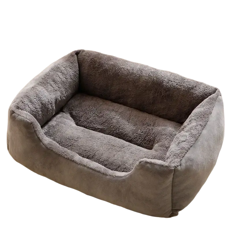 Gray plush rectangular cat bed with soft fuzzy interior lining and cozy cushioned design for pet comfort