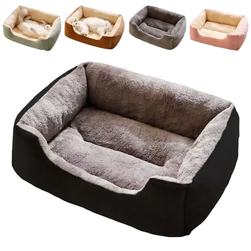 Soft gray and black plush rectangular cat bed with cozy cushioned interior for comfortable pet resting
