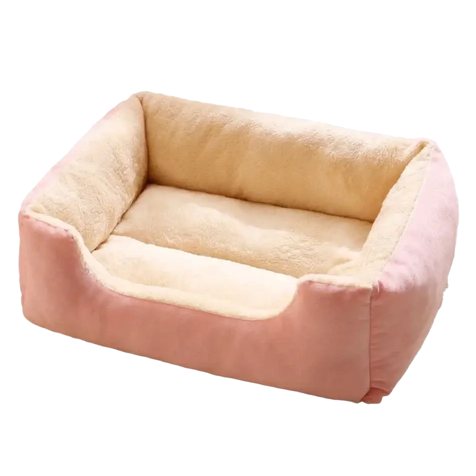 Plush rectangular cat bed in pink and cream with a soft, cushioned design for cozy pet comfort