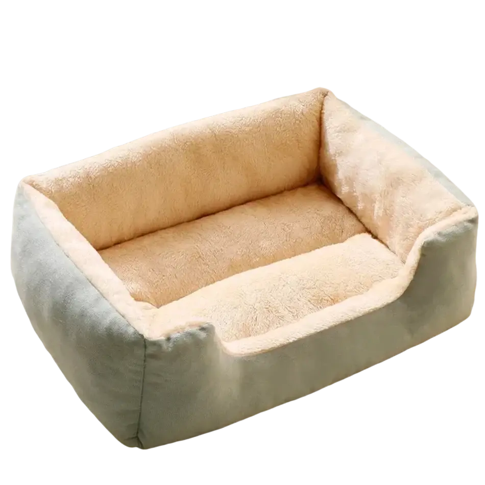 Plush rectangular cat bed with soft light blue exterior and plush cream-colored interior lining for pet comfort