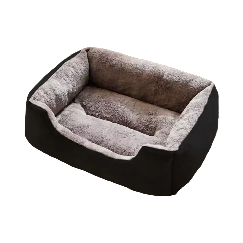 Plush rectangular cat bed in black and gray with a soft fleece-lined interior for comfortable pet cushioning