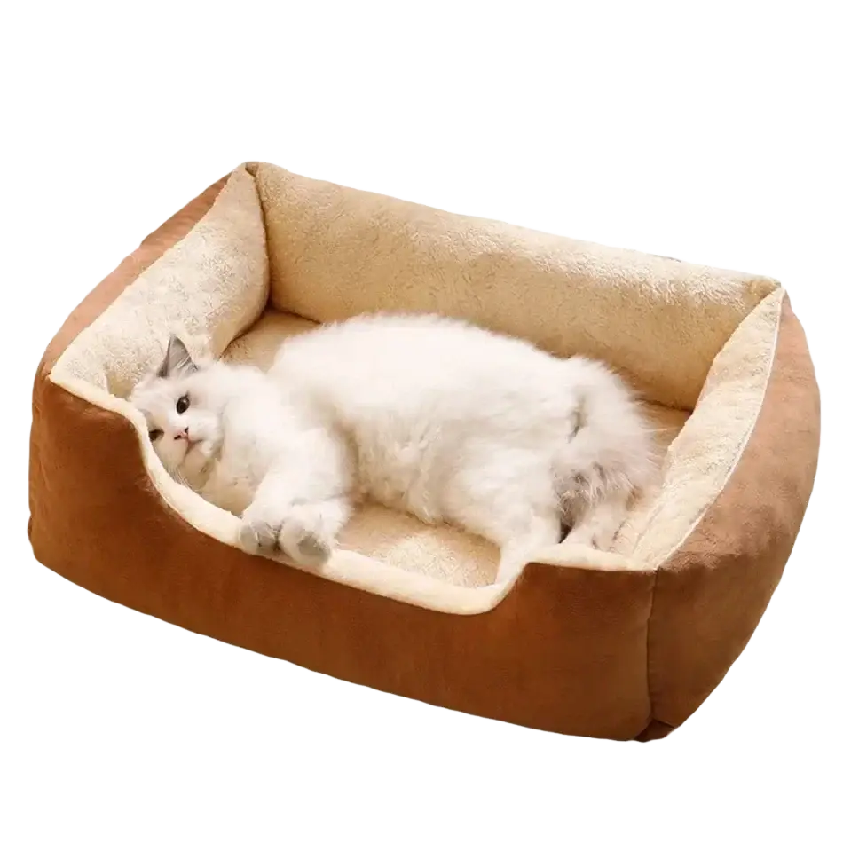 Brown and cream plush rectangular cat bed with soft cushioned edges for comfortable pet resting