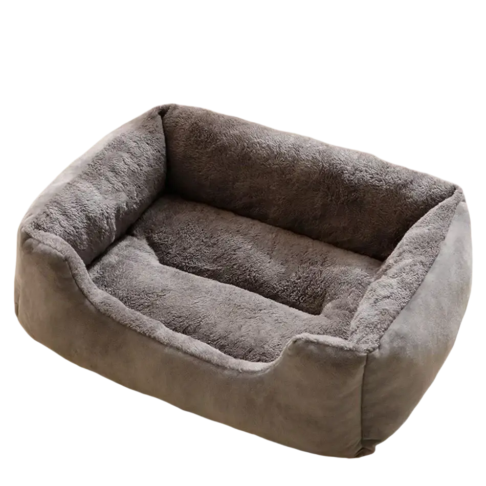 Plush rectangular cat bed in gray with soft fluffy interior and exterior fabric for comfortable pet cushioning