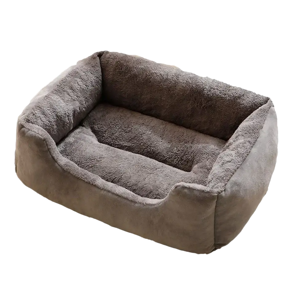 Gray plush rectangular cat bed with soft fluffy interior lining and sturdy outer shell for comfortable pet cushion