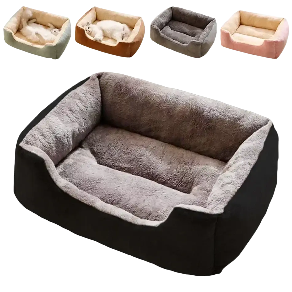 Soft gray and black plush rectangular cat bed with a cozy cushioned interior for comfortable pet resting