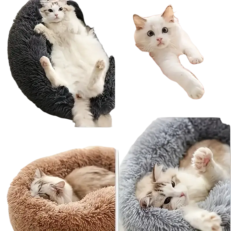 Soft plush round cat bed available in dark gray peach tan and light blue for cozy pet nesting