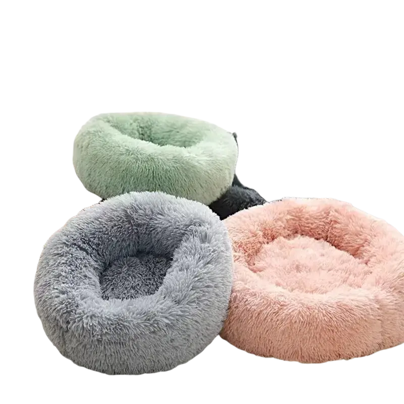 Plush round cat bed in gray with soft fluffy pastel colors including mint green pink and brown for warm pet nesting