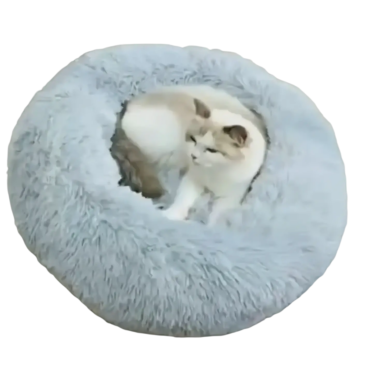 A fluffy light blue plush round cat bed with soft texture for a warm and cozy pet nest in gray
