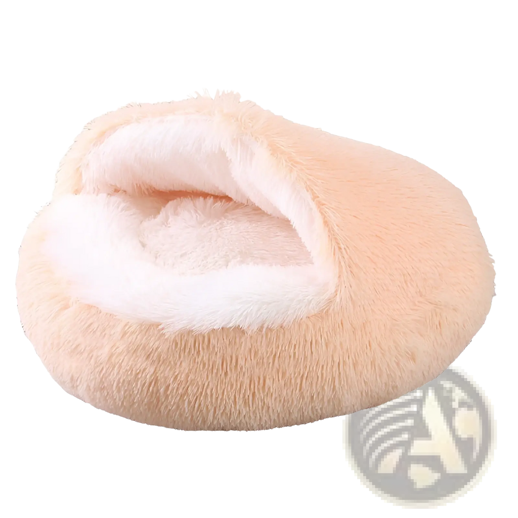 Soft peach-colored plush round semi-enclosed cat bed with cozy white fur-lined interior for comfort and warmth