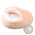 Soft peach-colored plush round semi-enclosed cat bed with cozy white fur-lined interior for comfort and warmth