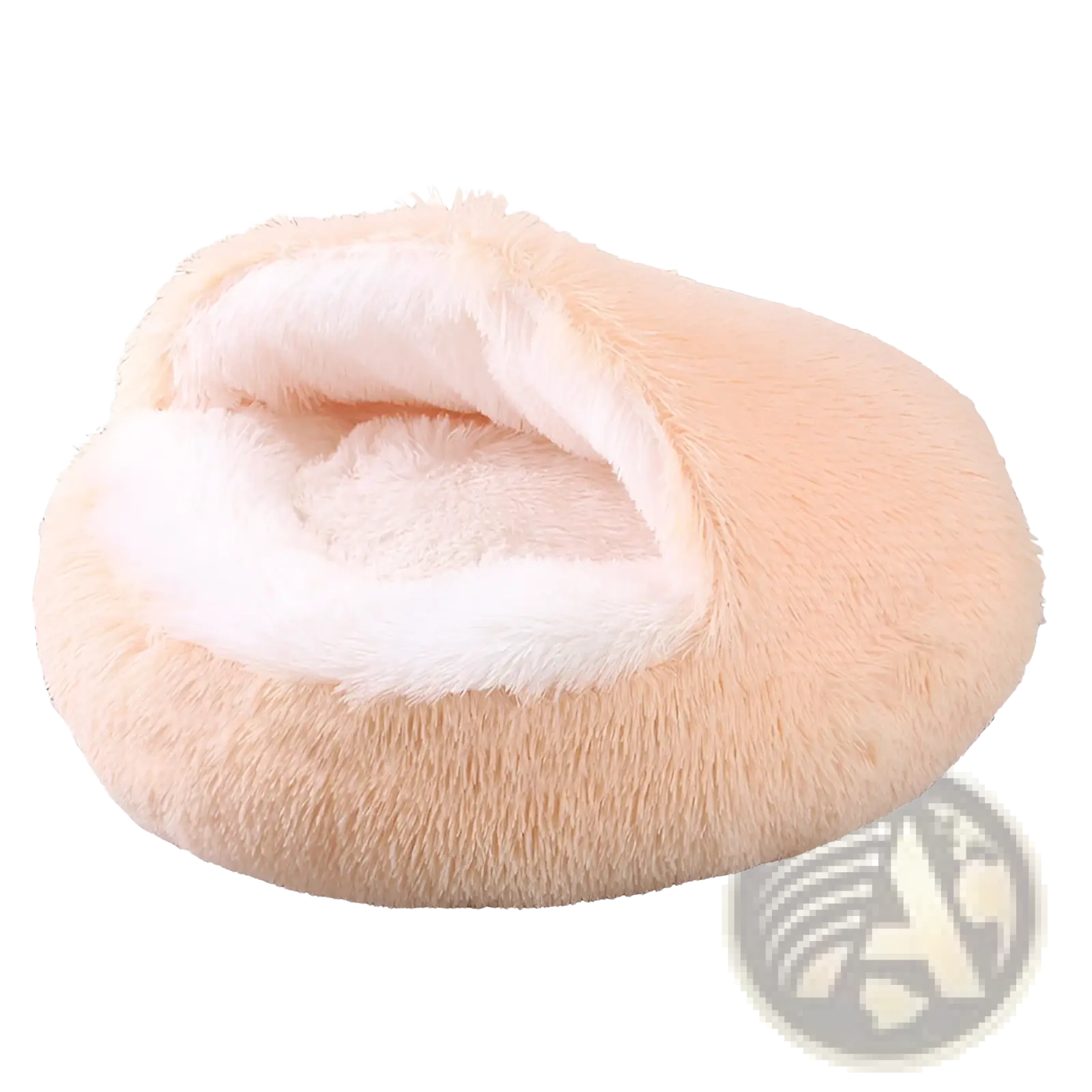 Soft peach-colored plush round semi-enclosed cat bed with cozy white fur-lined interior for comfort and warmth