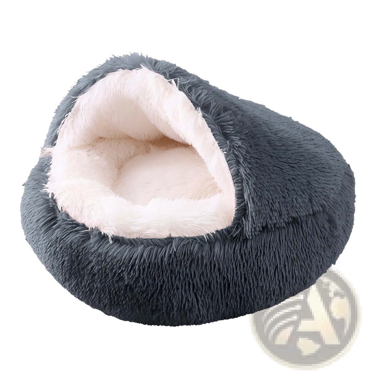 Soft gray plush round semi-enclosed cat bed with cozy white fleece interior for comfortable pet resting