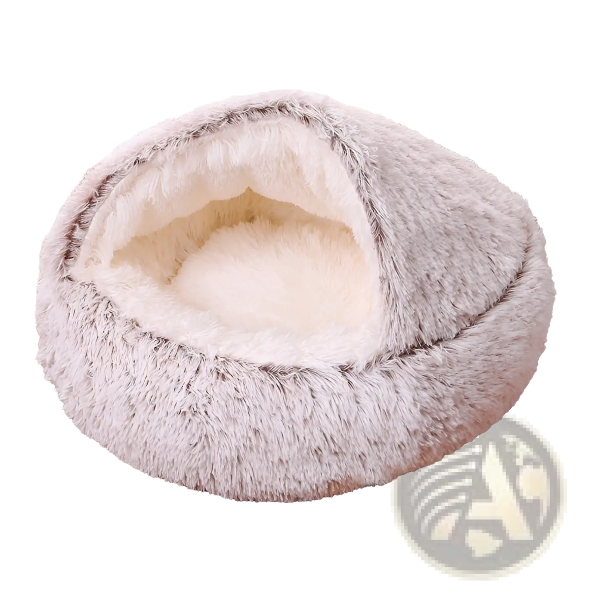 Plush round semi-enclosed cat bed in fluffy gray and white faux fur with a cozy rounded design for pet comfort