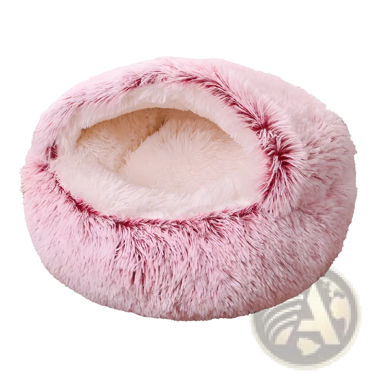 Plush round semi-enclosed cat bed with pink fluffy plush exterior and cozy white interior lining for comfort