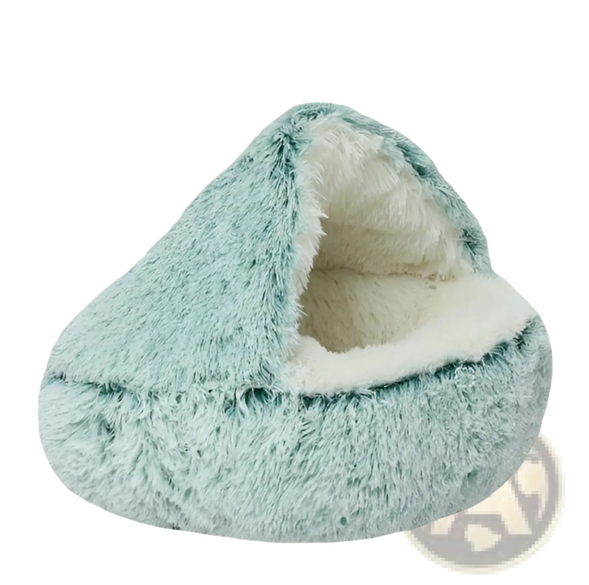 A cozy mint green plush round semi enclosed cat bed with soft white interior lining for pet comfort