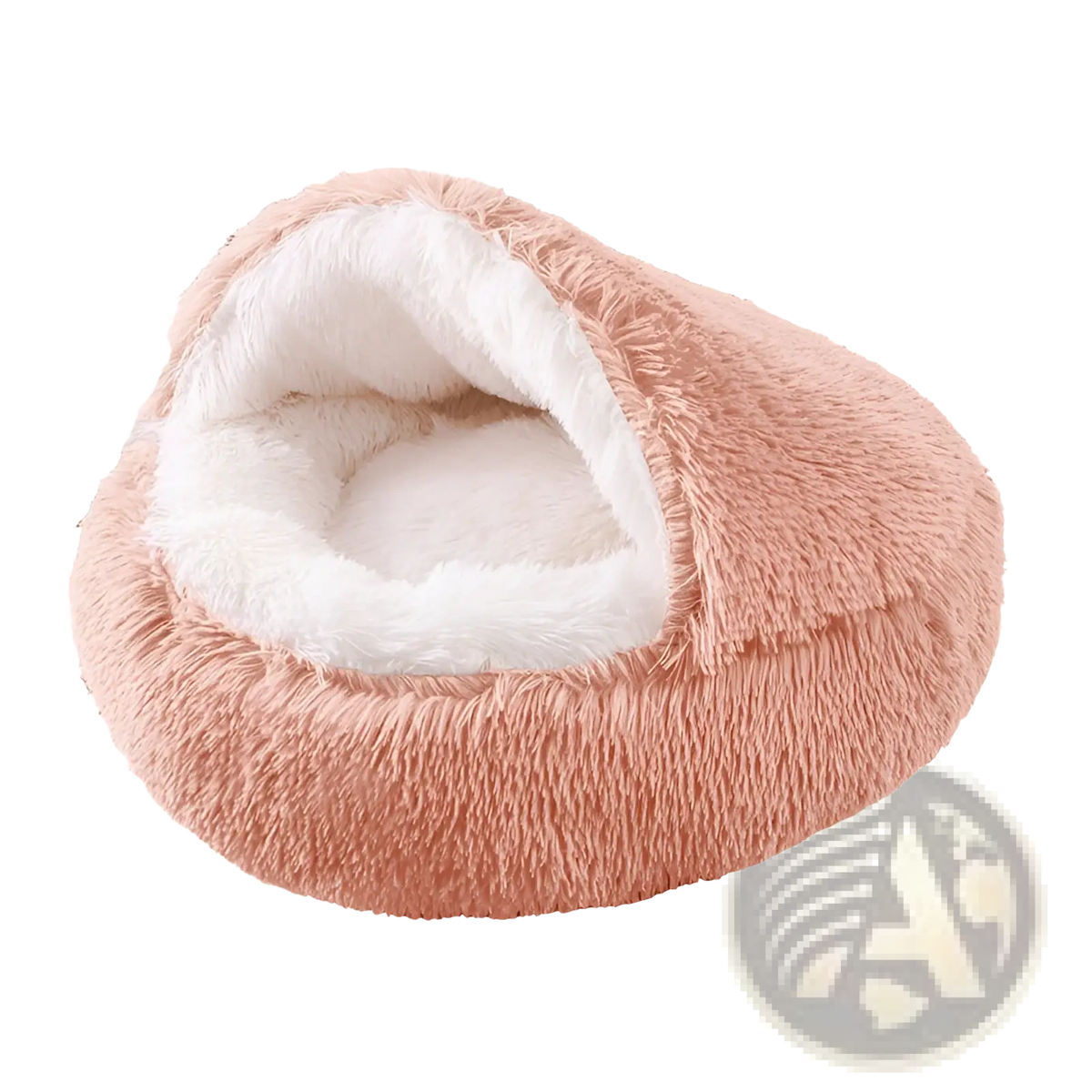 A cozy blush-pink plush round semi-enclosed cat bed with a soft white interior lining for pet comfort