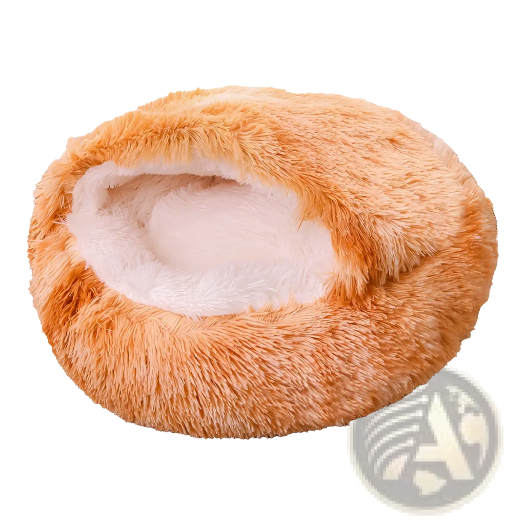 Plush round semi-enclosed cat bed with a cozy orange exterior and soft white plush interior lining