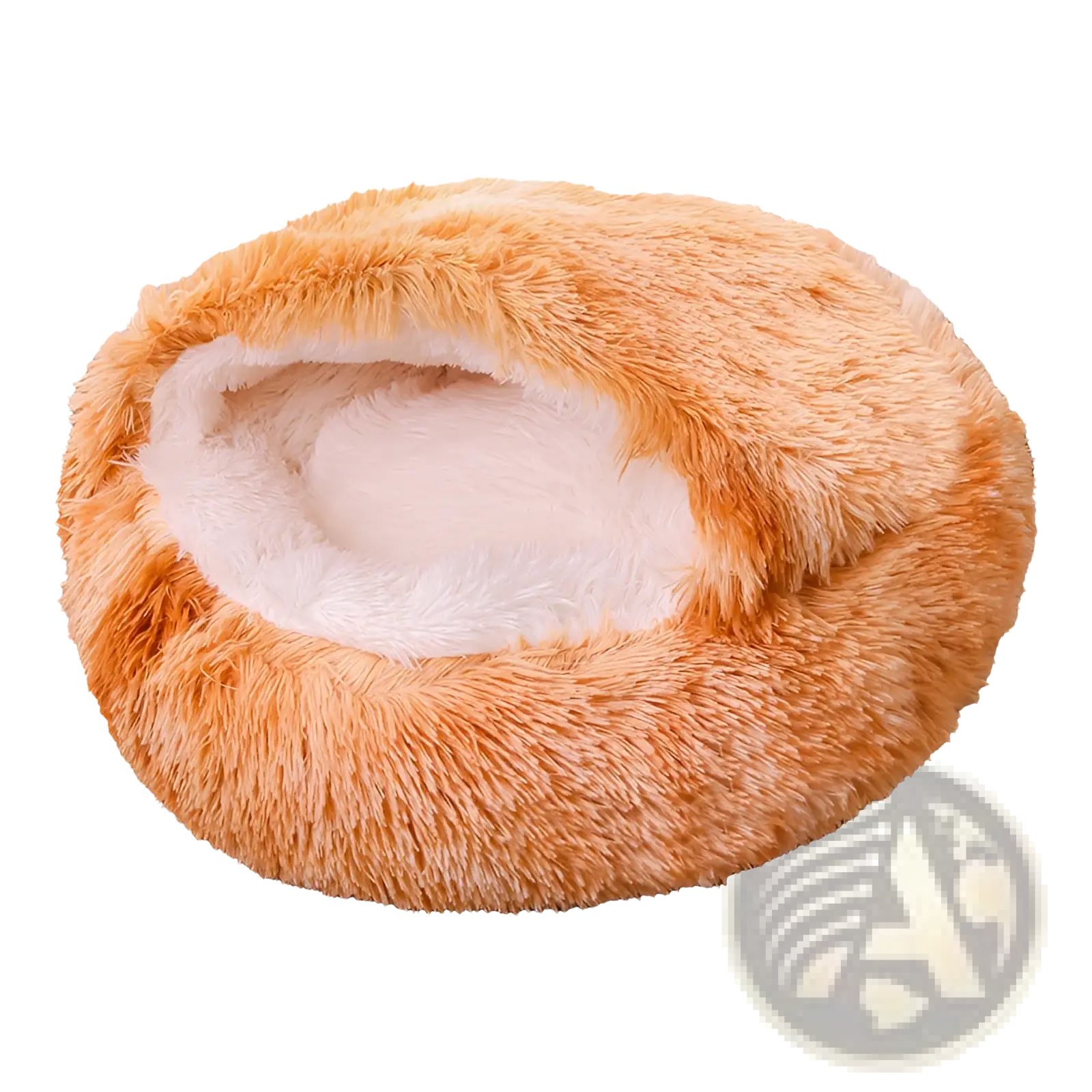 Plush round semi-enclosed cat bed with a cozy orange exterior and soft white plush interior lining