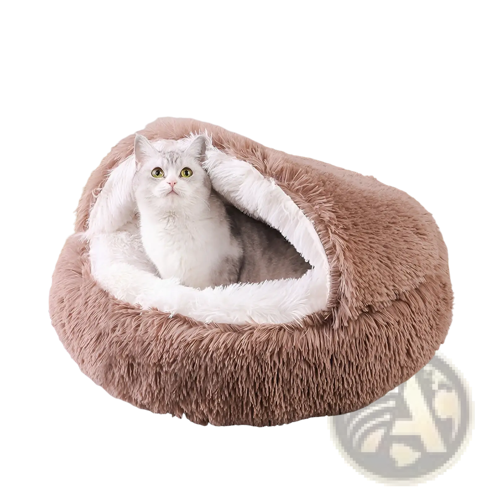Fluffy brown and white plush round semi-enclosed cat bed with a cozy rounded design for pet comfort