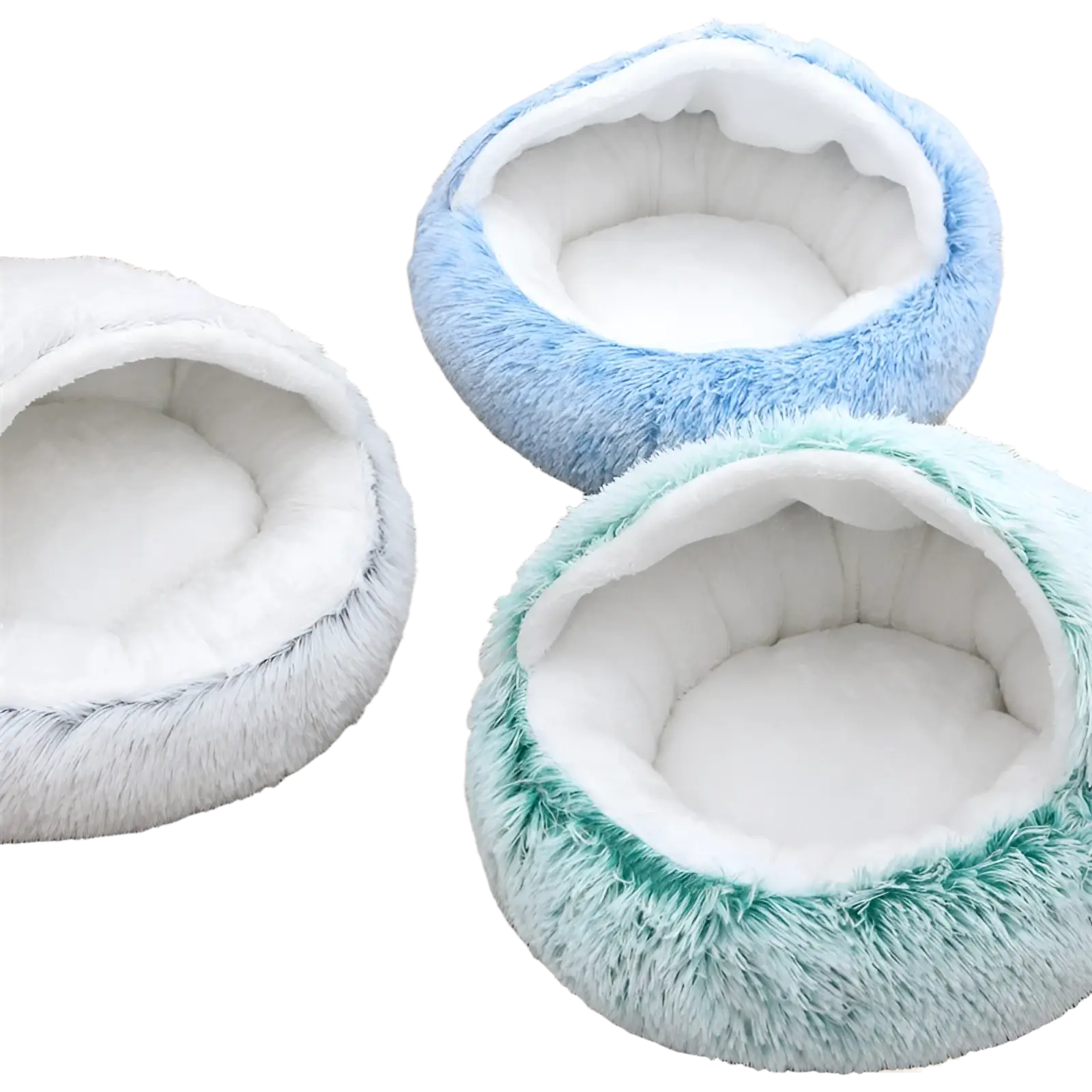 Plush round semi-enclosed cat bed with a fluffy blue exterior and soft white interior lining for pets