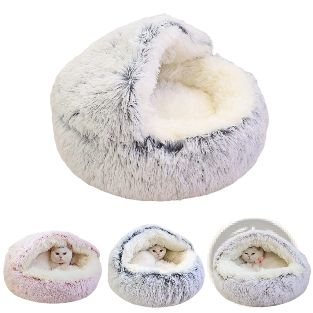 Plush round semi-enclosed cat bed with soft gray and white faux fur exterior and plush cream interior lining